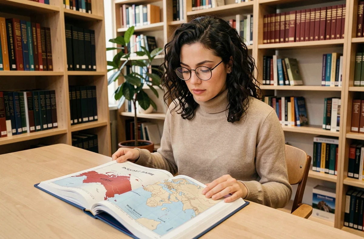 Jeune femme étudiant un atlas comparatif montrant la superficie de la Russie par rapport à la France dans une bibliothèque moderne