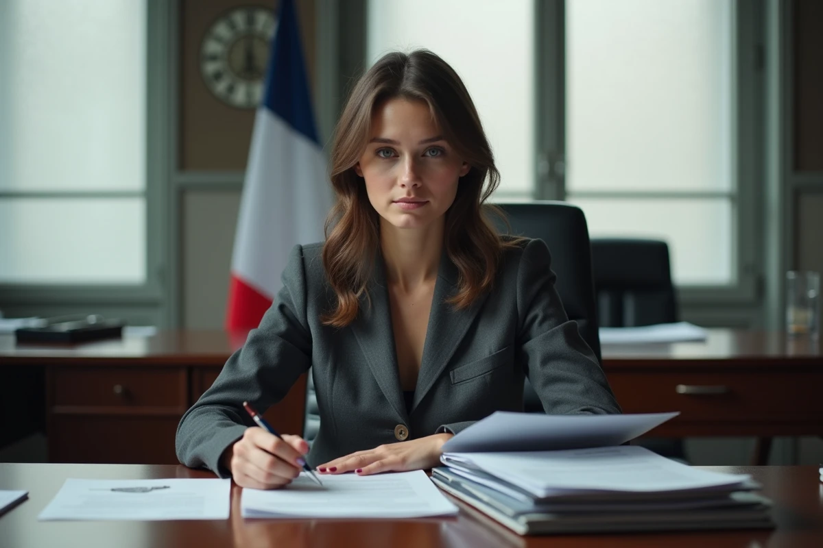 Jeune femme en veste grise travaillant à un bureau officiel avec drapeau français en arrière-plan, ambiance institutionnelle