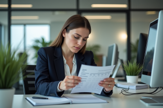 Femme d affaires française consulte sa fiche de paie au bureau