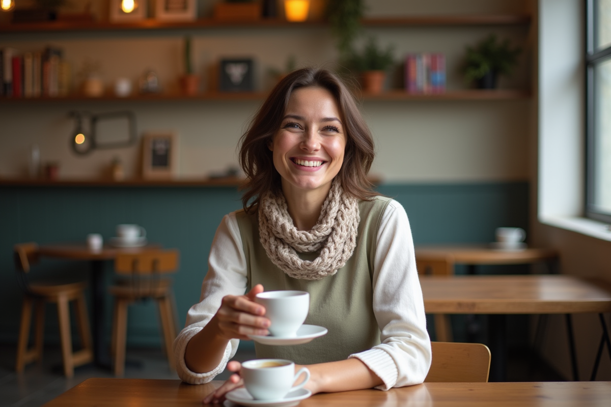 Femme souriante assise dans un café intérieur