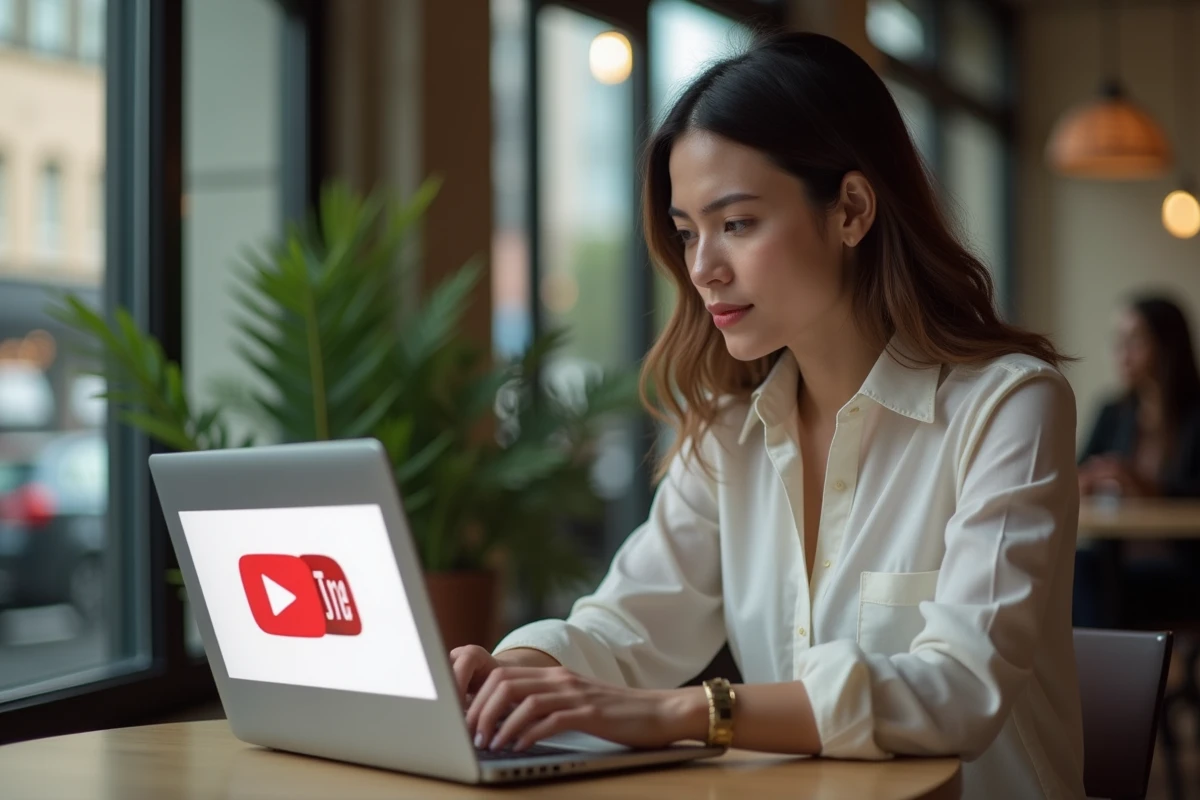 Femme dans un cafe utilisant un ordinateur avec logo de securite