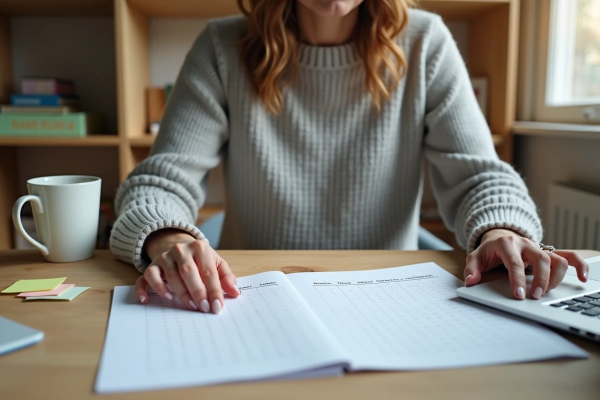 Femme utilisant une calculatrice entre deux dates sur ordinateur portable avec calendrier imprimé sur bureau en bois