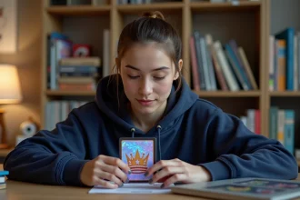 Jeune femme examinant une carte Couronne Stellaire holographique à son bureau en bois, entourée de classeurs de cartes à collectionner