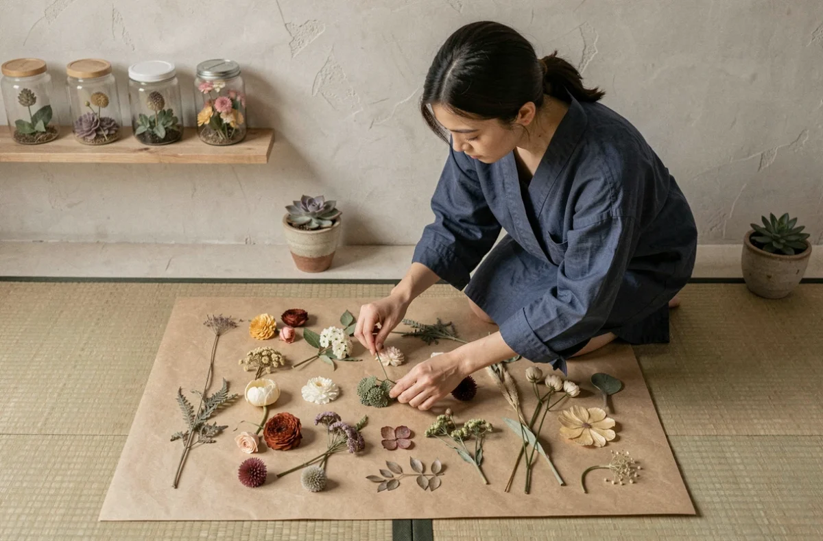 Jeune femme adulte créant un collage floral botanique sur une table basse dans une pièce minimaliste, activité créative calme pour introverti