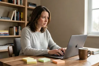 Femme confuse devant son ordinateur portable cherchant un terme inconnu sur internet