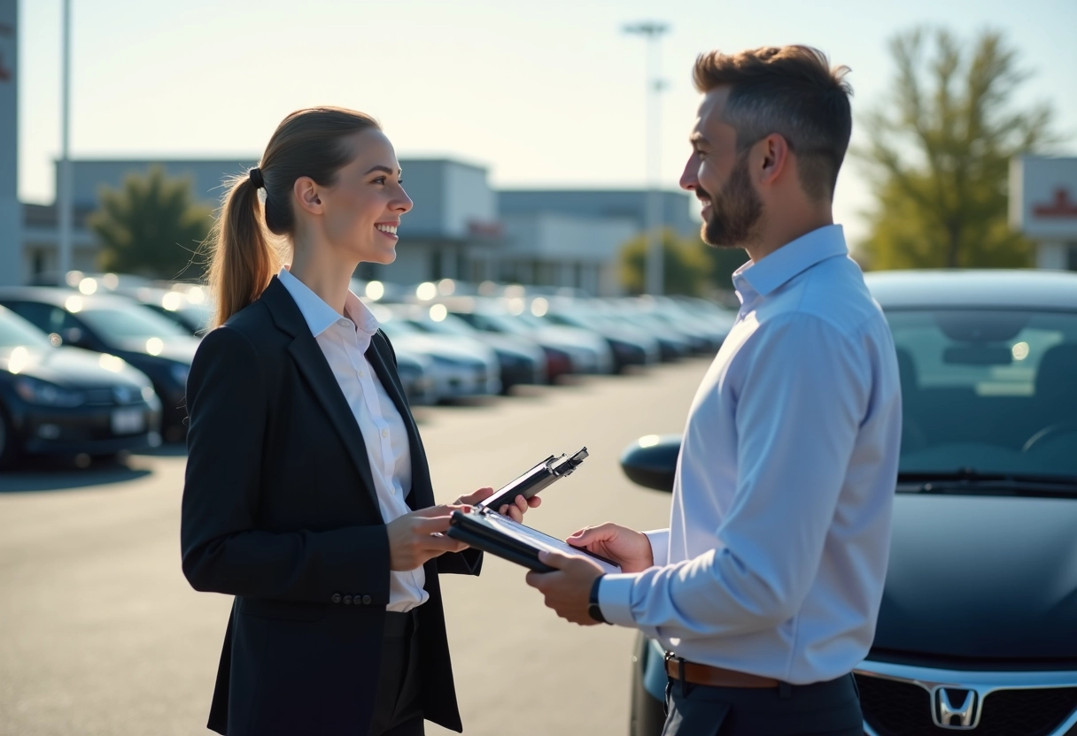 Jeune femme discutant avec un vendeur de voitures en concession