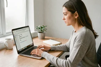 Femme utilisant un ordinateur portable pour copier-coller le symbole approximativement dans un éditeur de texte