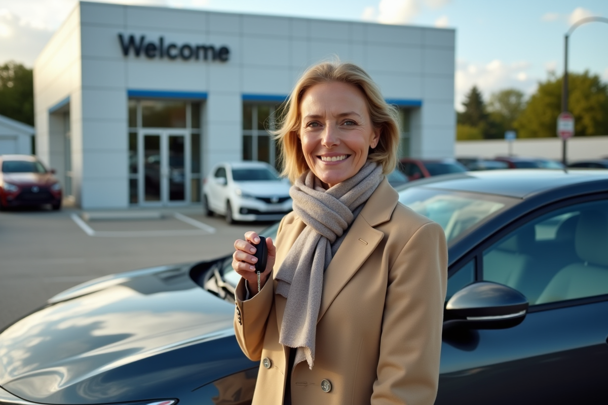 Femme souriante avec clé de voiture devant une voiture essence
