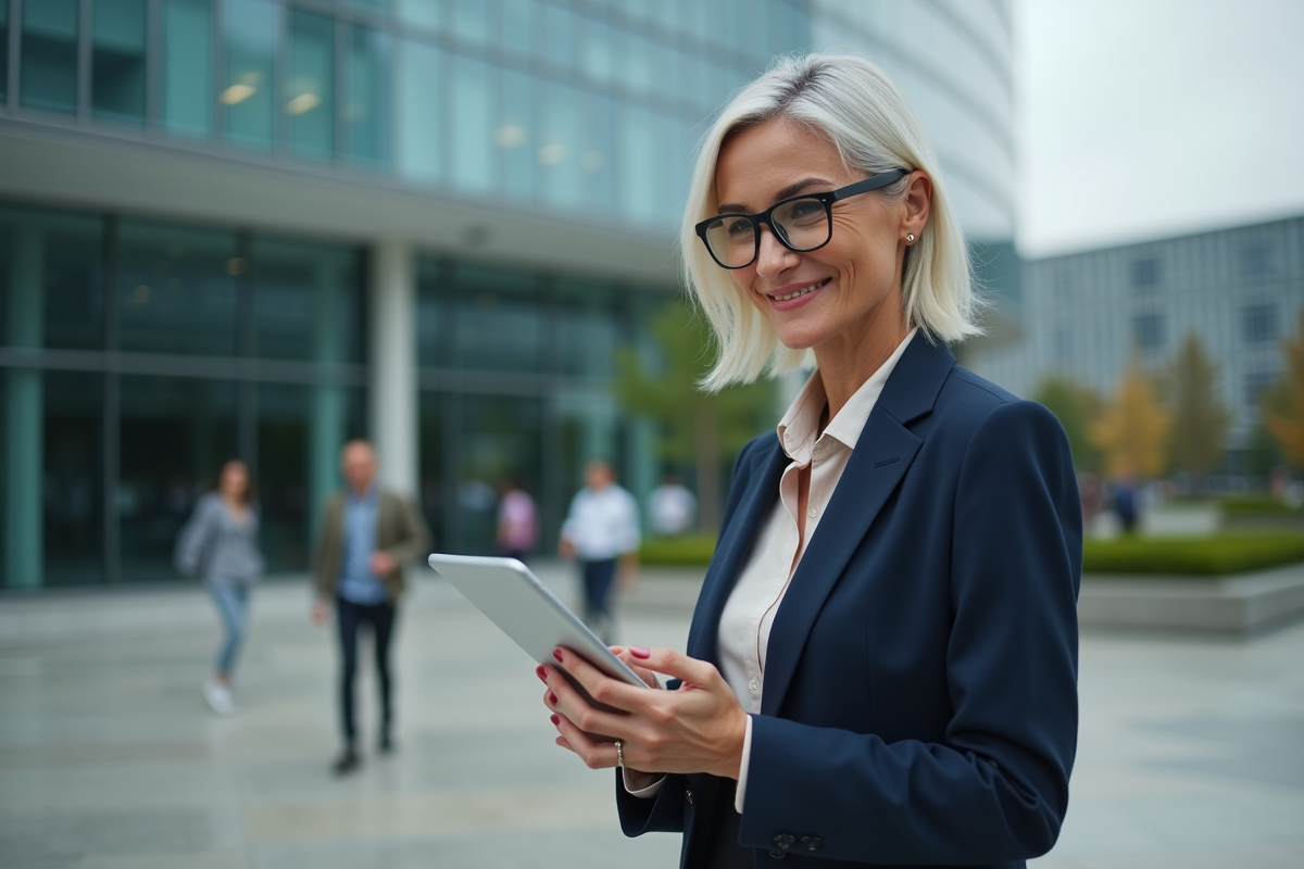 Femme entrepreneure confiante vérifiant des données en extérieur