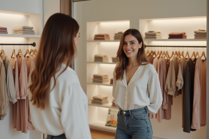 Femme souriante essayant une blouse dans une boutique parisienne