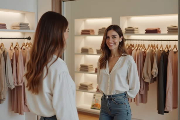 Femme souriante essayant une blouse dans une boutique parisienne