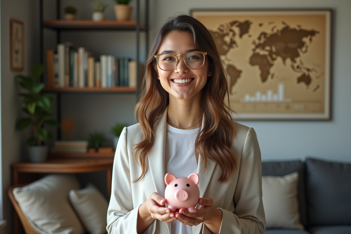 Jeune femme avec maquette de maison et tirelire dans un intérieur