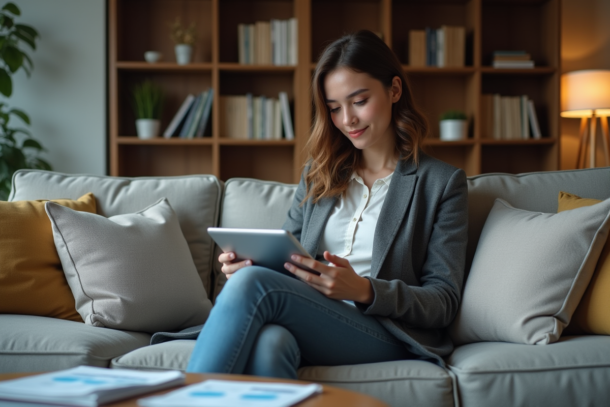 Jeune femme analysant des graphiques financiers sur une tablette