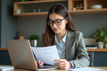 Jeune femme en cuisine examinant ses documents de prêt étudiant