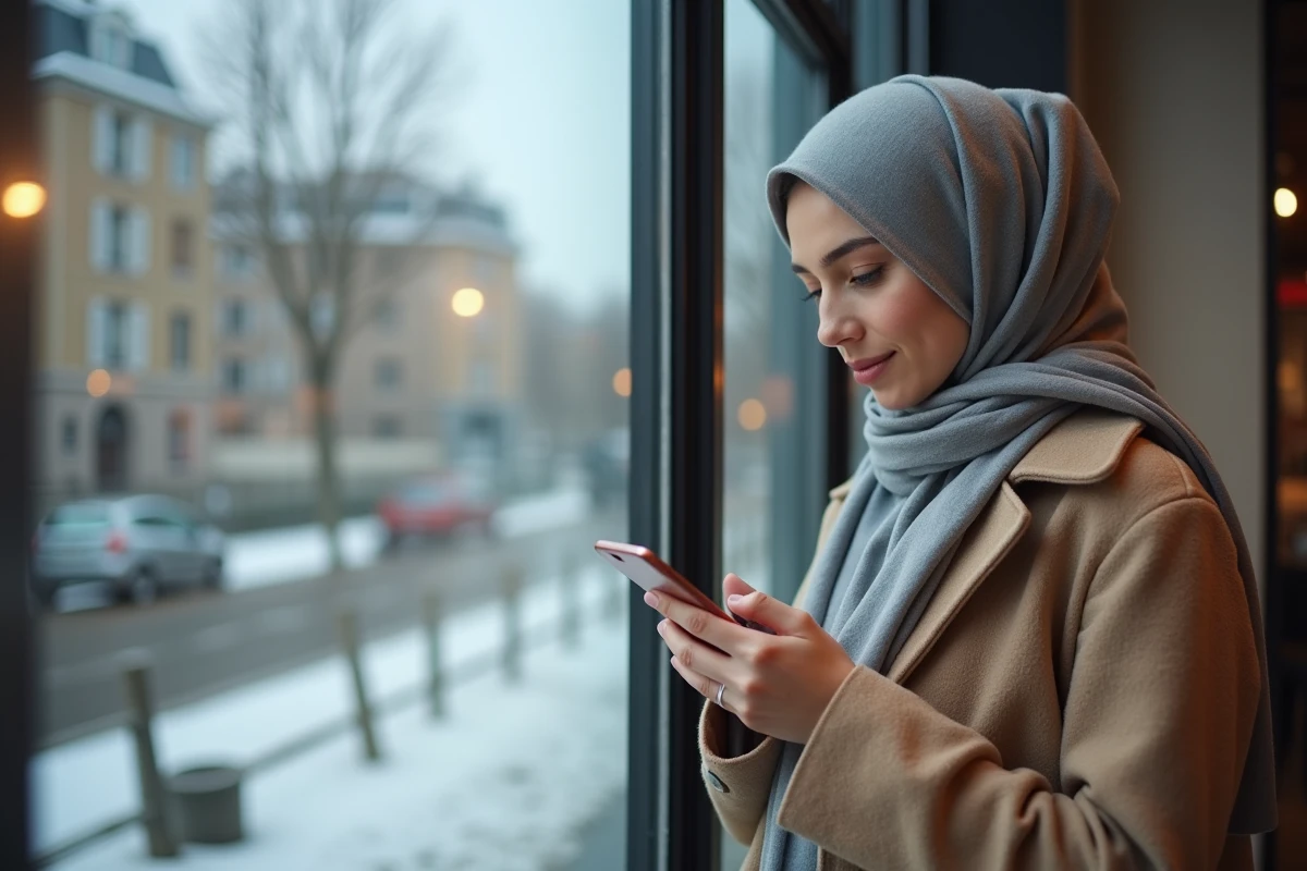 Jeune femme musulmane consultant les horaires de prière sur son téléphone dans un café de Nantes en hiver