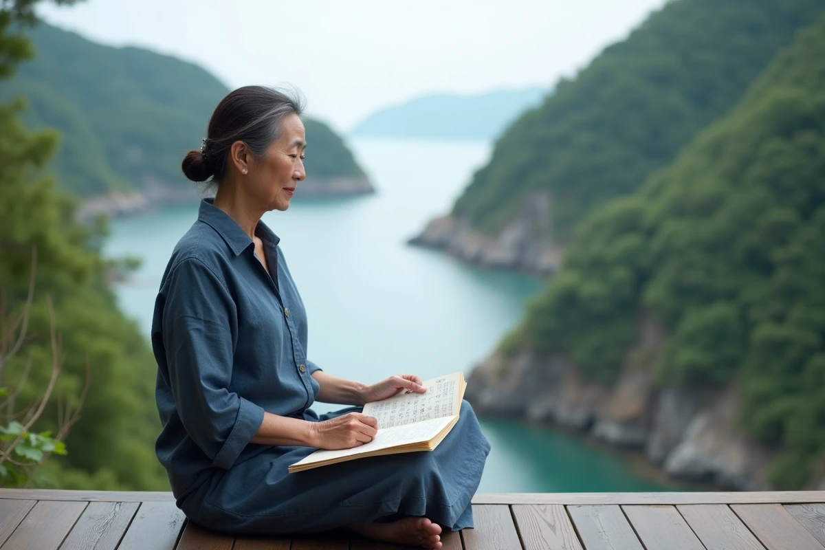 Femme japonaise d'âge mûr en chemise en lin indigo résolvant un magazine de mots fléchés sur une véranda en bois avec vue sur une baie côtière encadrée de collines boisées