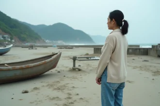 Femme japonaise regardant les ruines du tsunami sur la côte
