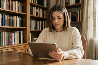Femme lisant un livre numérique sur tablette dans une bibliothèque personnelle, comparatif lecture numérique 2026