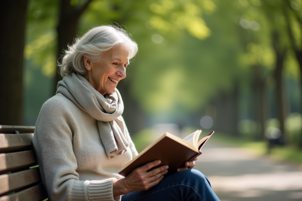 Femme âgée lisant dans un parc verdoyant