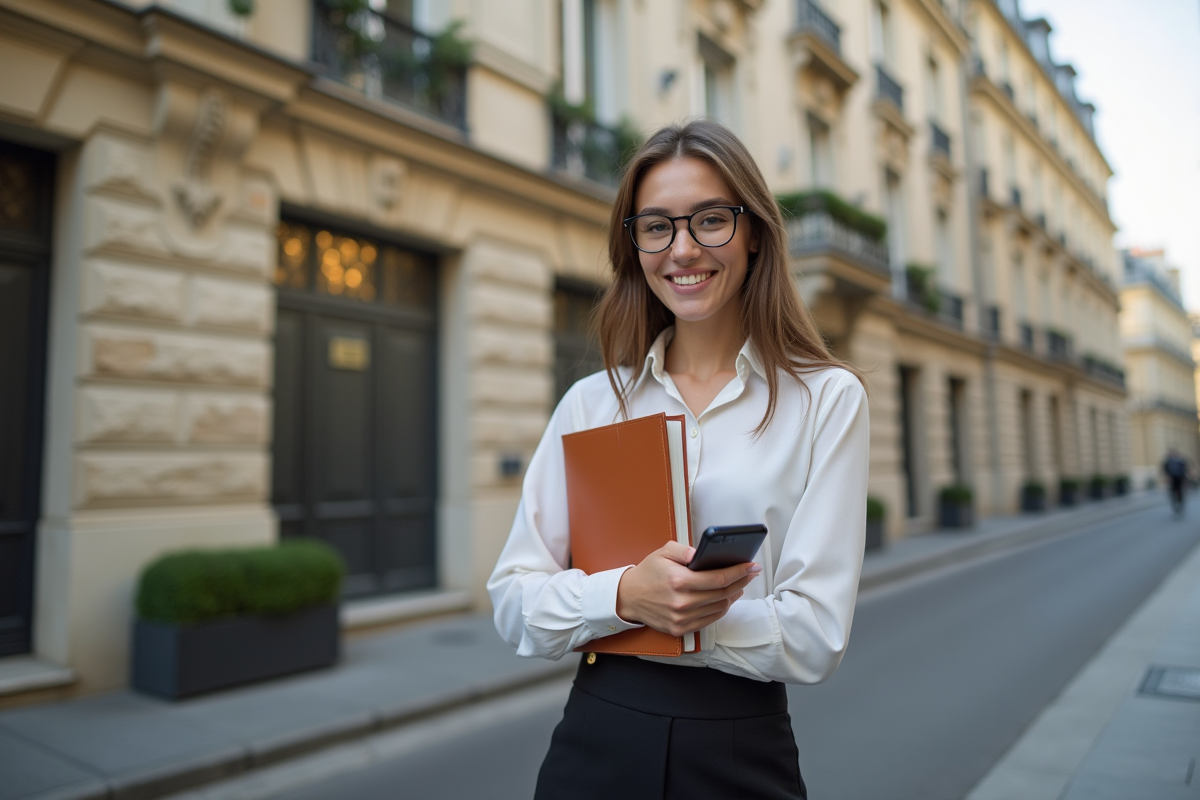 Jeune femme avocate immobiliere devant un immeuble parisien