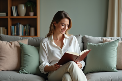 Femme élégante lisant dans un salon cosy et moderne
