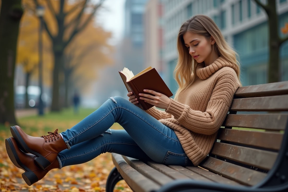 Jeune femme lisant dans un parc urbain en automne