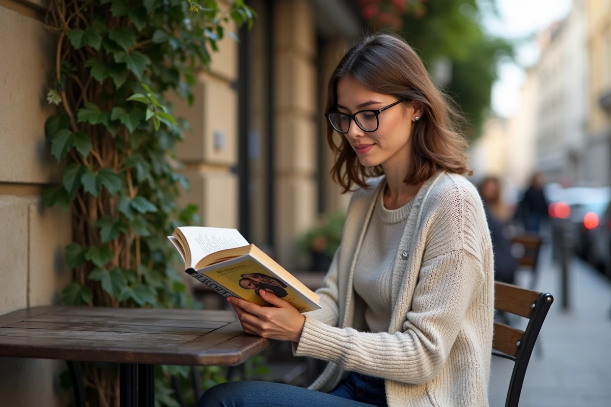 Jeune femme lisant un livre dans un café en plein air