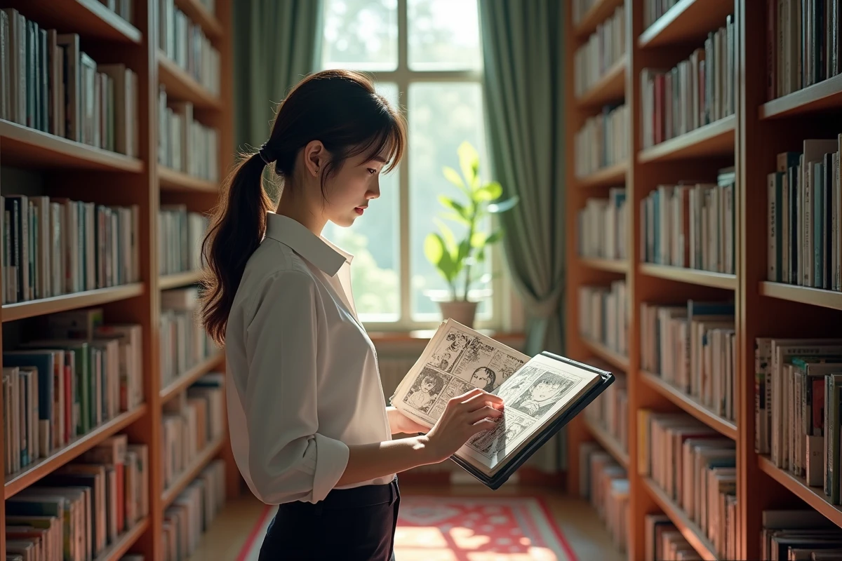 Femme feuilletant manga papier et numérique dans une bibliothèque