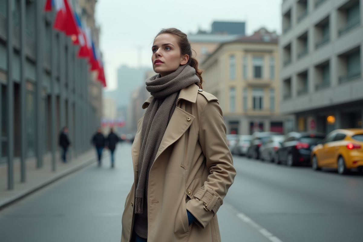 Jeune femme en trench marche dans une rue urbaine