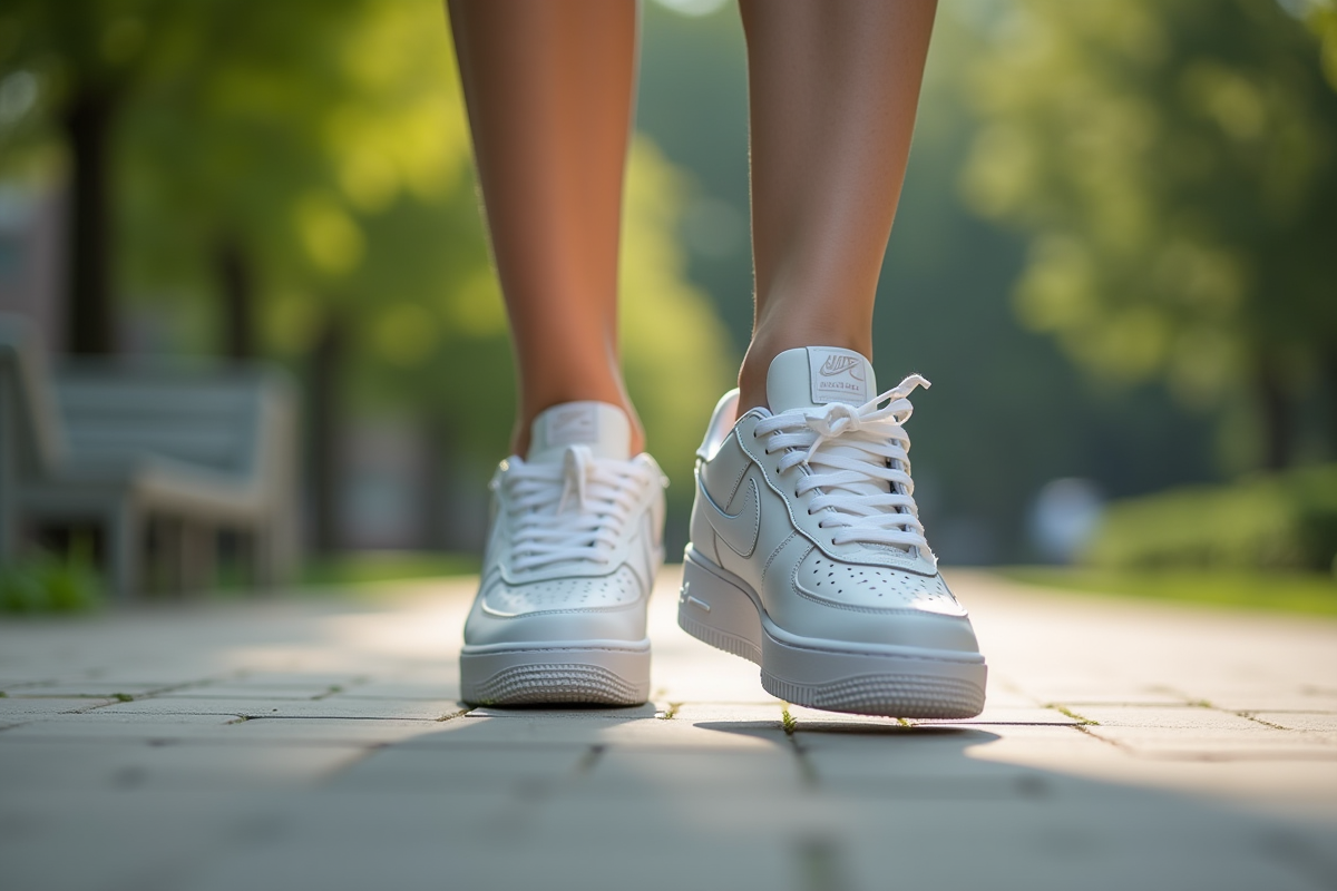 Femme marchant dans un parc avec sneakers Air Force One blanches