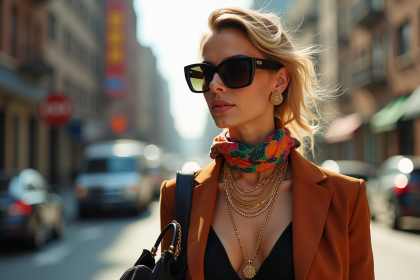 Femme élégante portant bijoux et foulard dans la ville