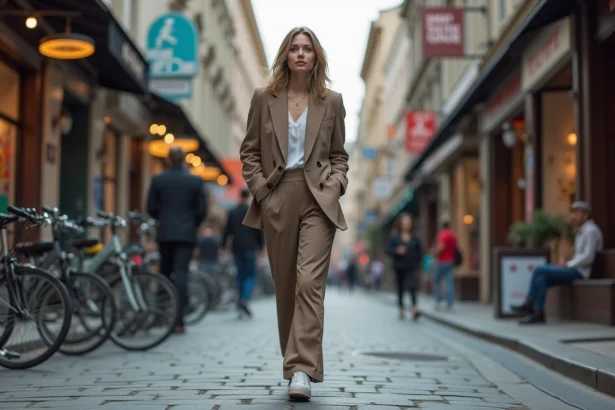 Femme élégante en ville avec blazer oversize et baskets