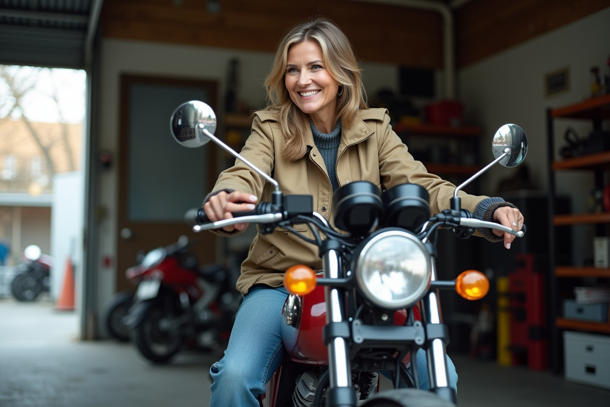 Femme ajuste un miroir sur une Honda Dax en ville