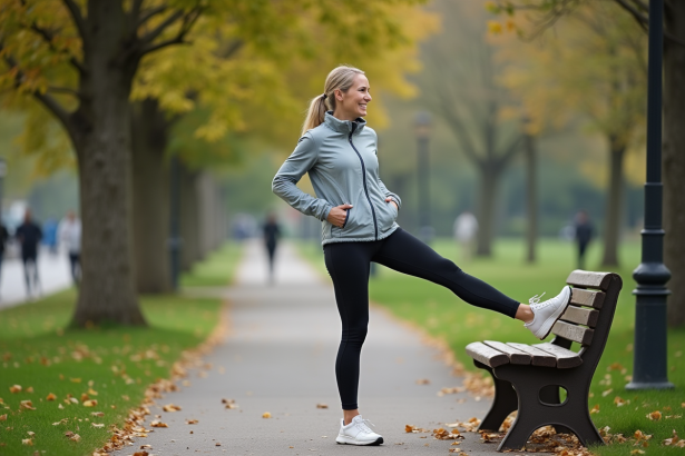 Femme d'âge moyen en leggings s'étire dans un parc urbain