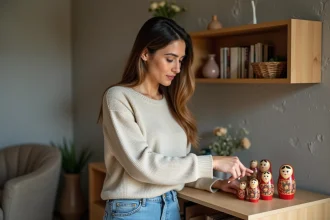 Femme arrangeant des poupées russes dans un salon chaleureux