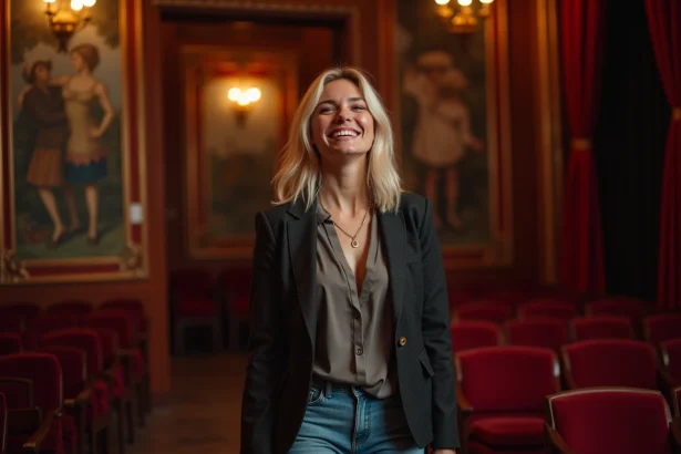 Femme parisienne rieuse en backstage de théâtre