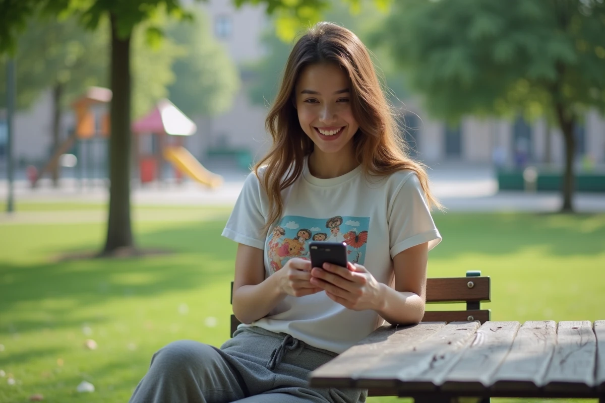 Jeune femme souriante utilisant son smartphone en plein air