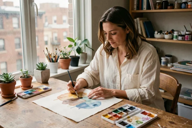 Femme adulte introvertie peignant à l'aquarelle seule dans un atelier cosy à la maison, activité créative calme et sans pression
