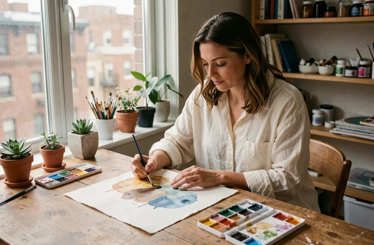 Femme adulte introvertie peignant à l'aquarelle seule dans un atelier cosy à la maison, activité créative calme et sans pression