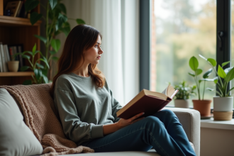 Femme pensant avec livre de psychologie dans un salon moderne
