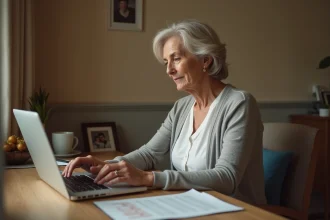 Femme mature publiant un avis de décès en ligne depuis son bureau à domicile