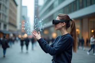 Jeune femme en réalité augmentée dans un espace urbain
