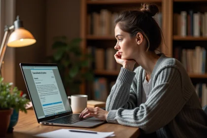 Femme consultant le Bon Coin italien sur un ordinateur portable depuis son bureau à domicile en France