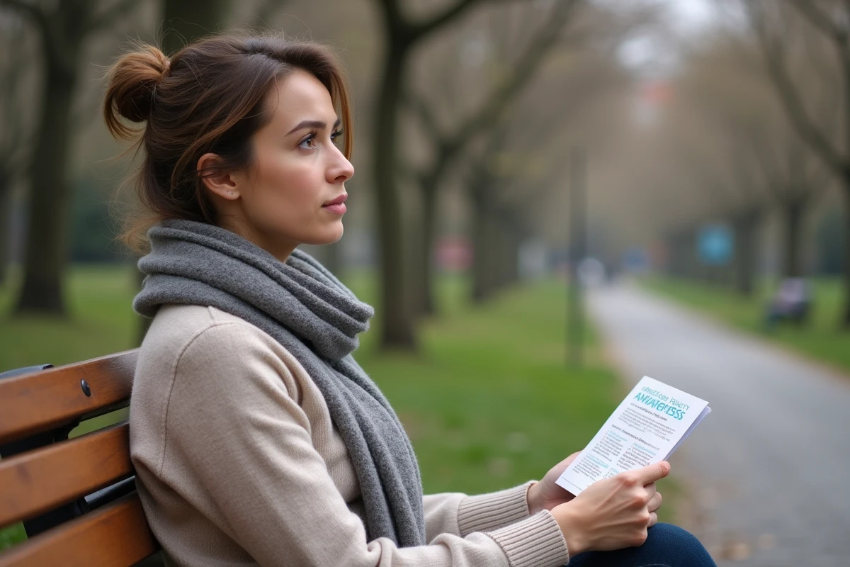 Jeune femme pensante assise dans un parc