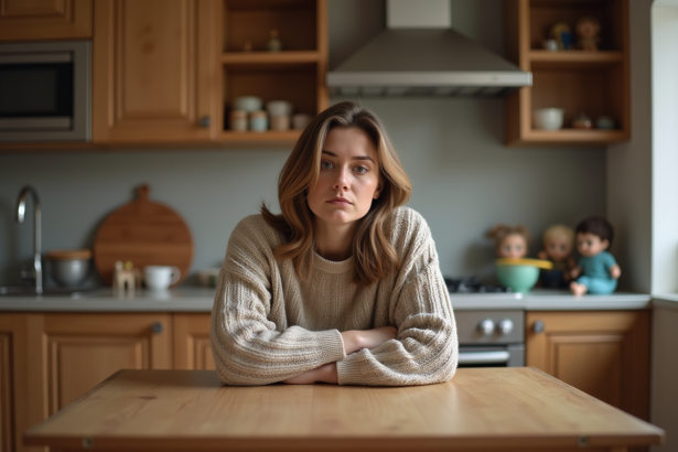 Femme en réflexion dans une cuisine familiale chaleureuse