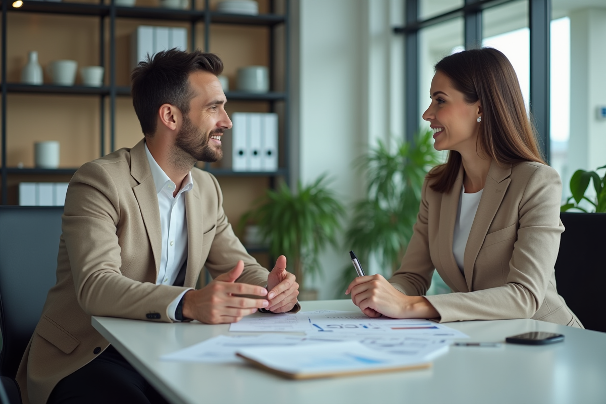 Femme en blazer beige rencontre conseiller fiscal au bureau