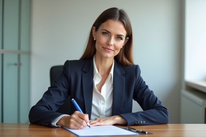 Femme professionnelle signant un document dans un bureau notarial