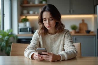 Jeune femme avec smartphone dans une cuisine moderne