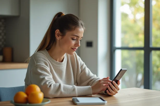 Femme en cuisine ajustant son smartphone avec concentration