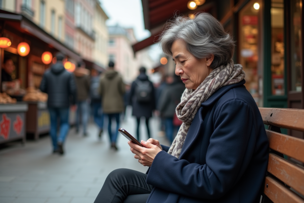 Femme d'âge moyen regardant son smartphone dans un marché animé